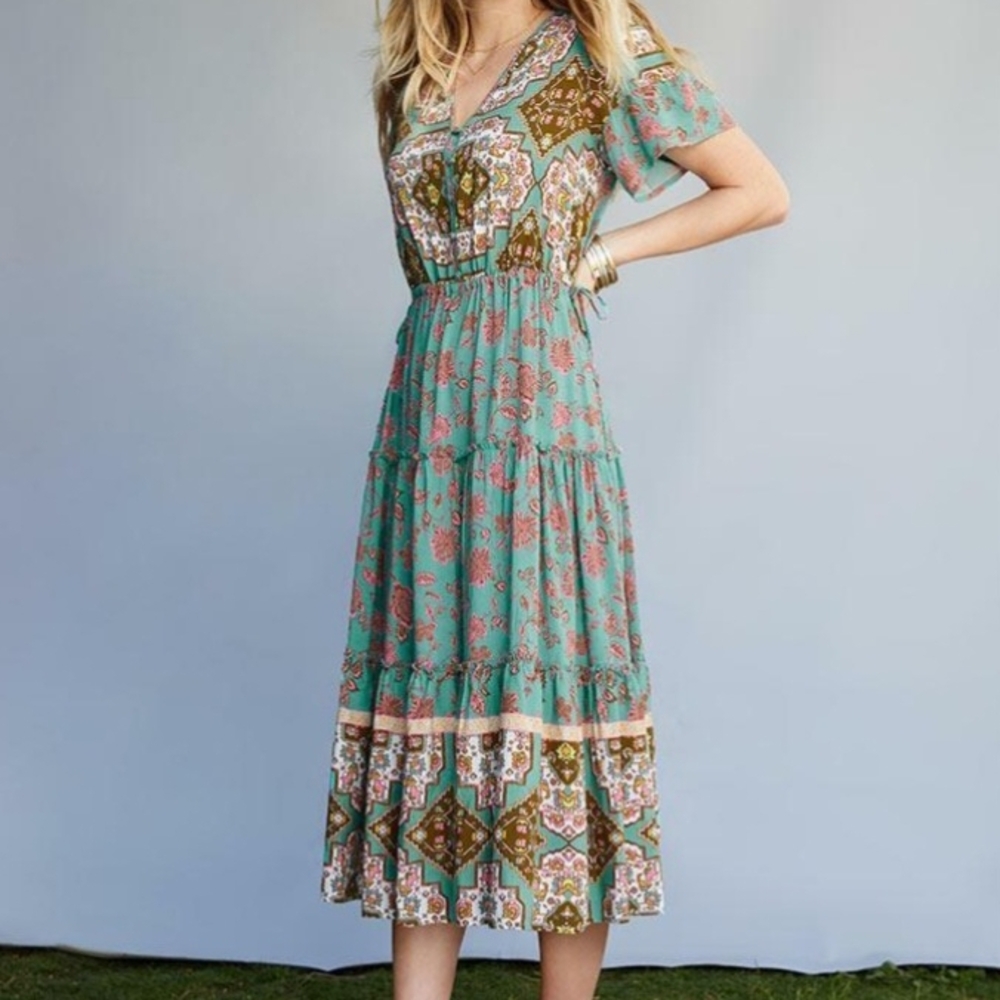Matilda Jane Dream chasers Down to Earth Boho Teal Floral Midi Dress XXL FLAWED